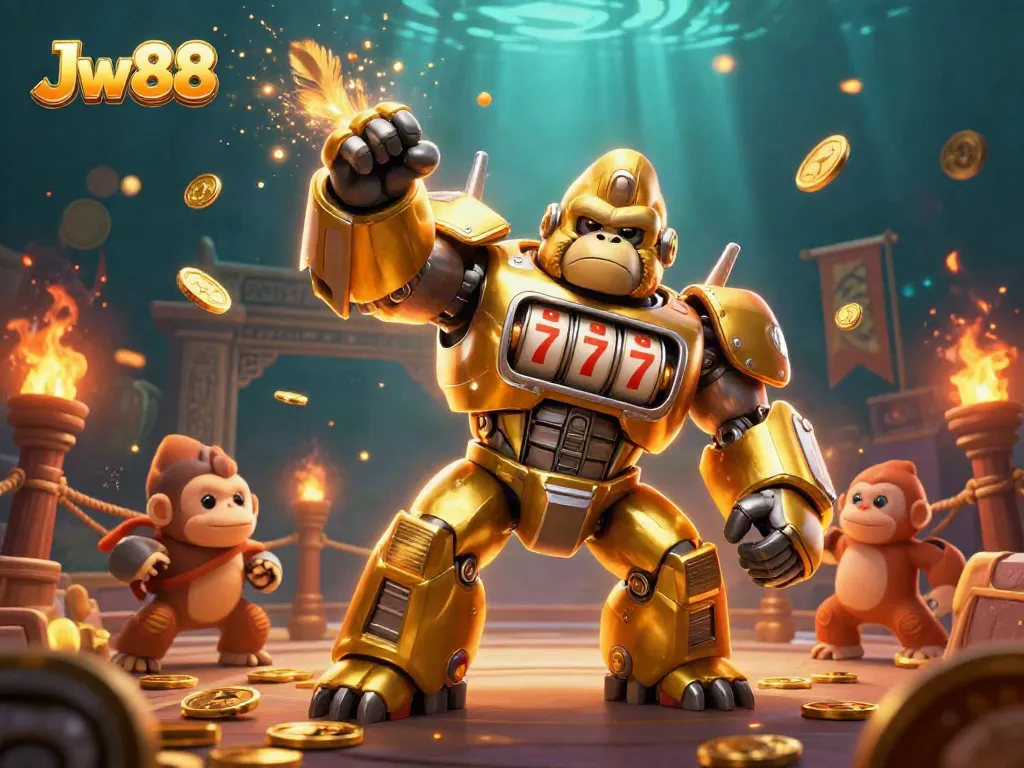 Experience the thrill of Jw 88 with a captivating gaming scene featuring a golden gorilla mech and dynamic casino elements.