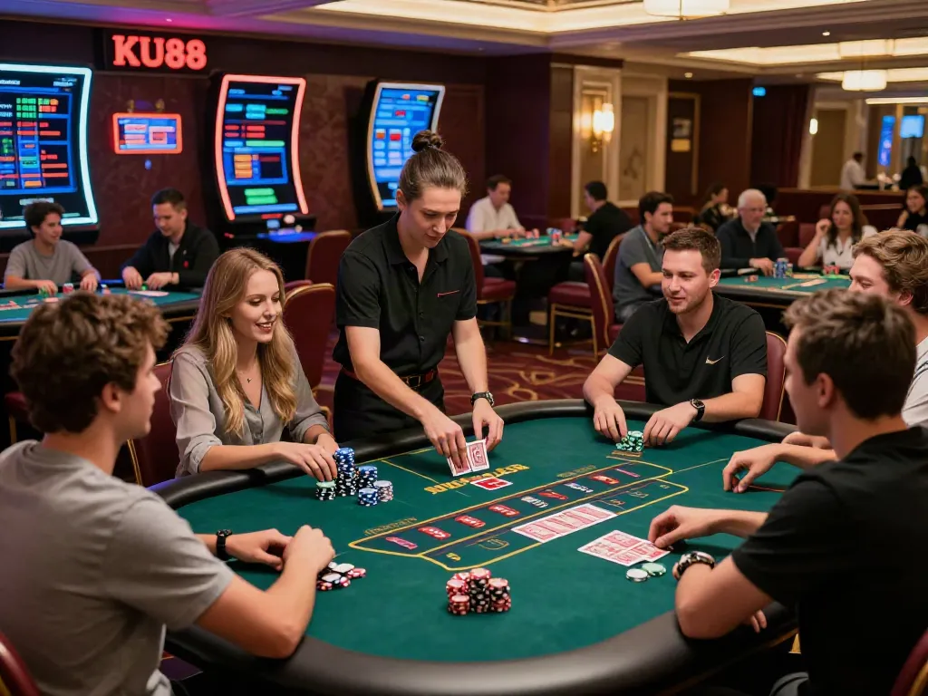 Engaged players at KU88 live casino table with professional dealer.