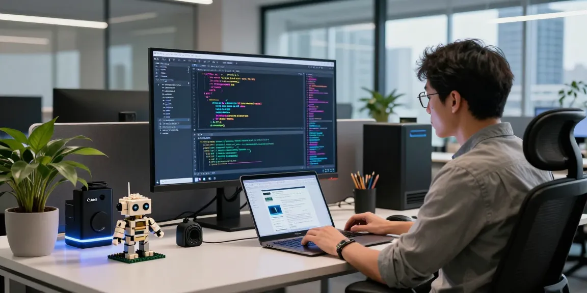 Professional workspace featuring a developer coding on the WPS Official Website platform, with advanced tech and modern decor.