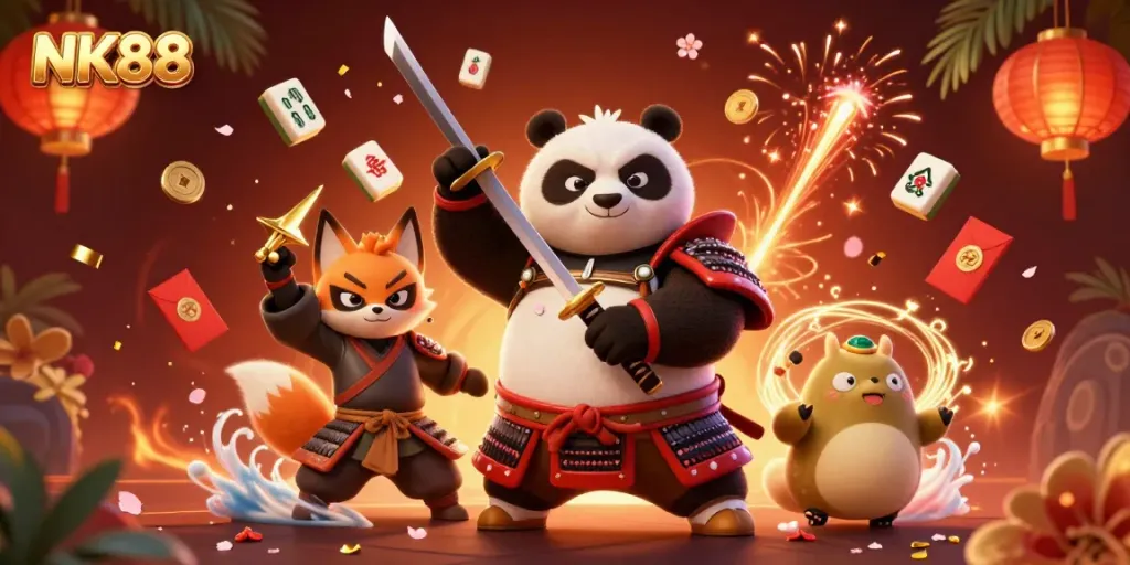 Experience the excitement of NK88 with dynamic characters and casino elements in a vibrant 3D scene.