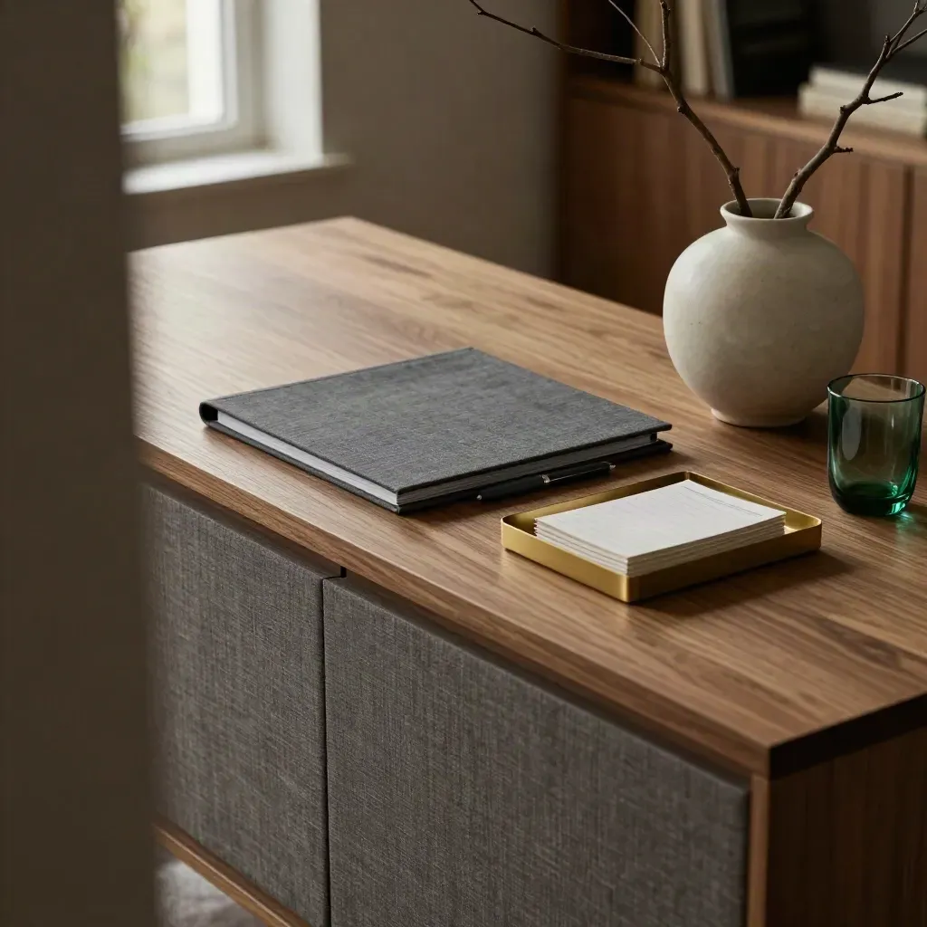 Home-office credenza with folder, brass tray, pen and branch in soft window light