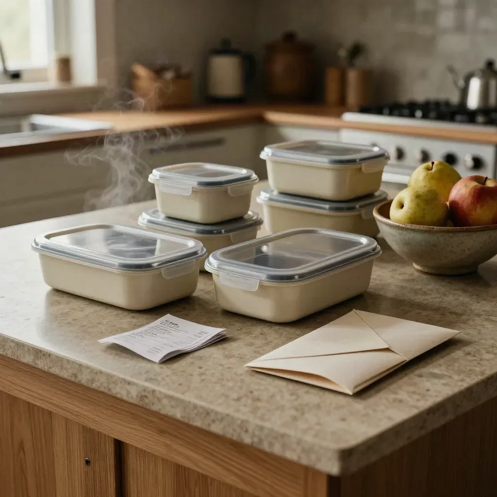 Kitchen island with lunch containers, face-down receipts, and a closed budget envelope in morning steam.