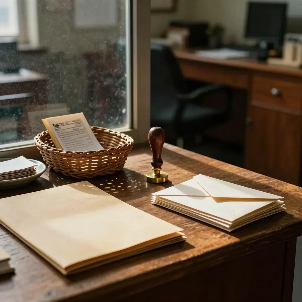 Tax folder, receipt basket, brass stamp and envelopes on a warm counter in late afternoon light