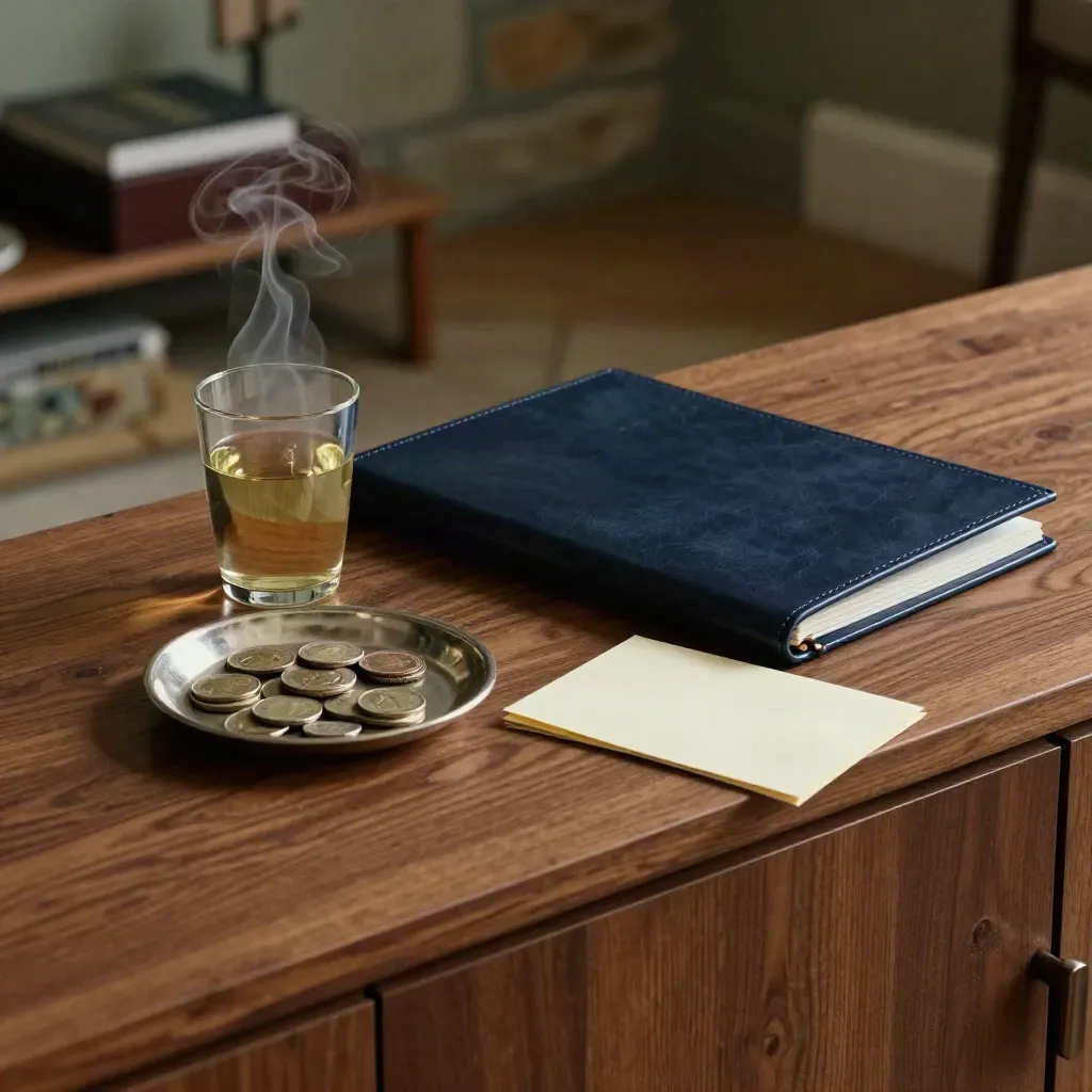 Walnut sideboard with navy folder, steaming tea, coin tray, and folded note card