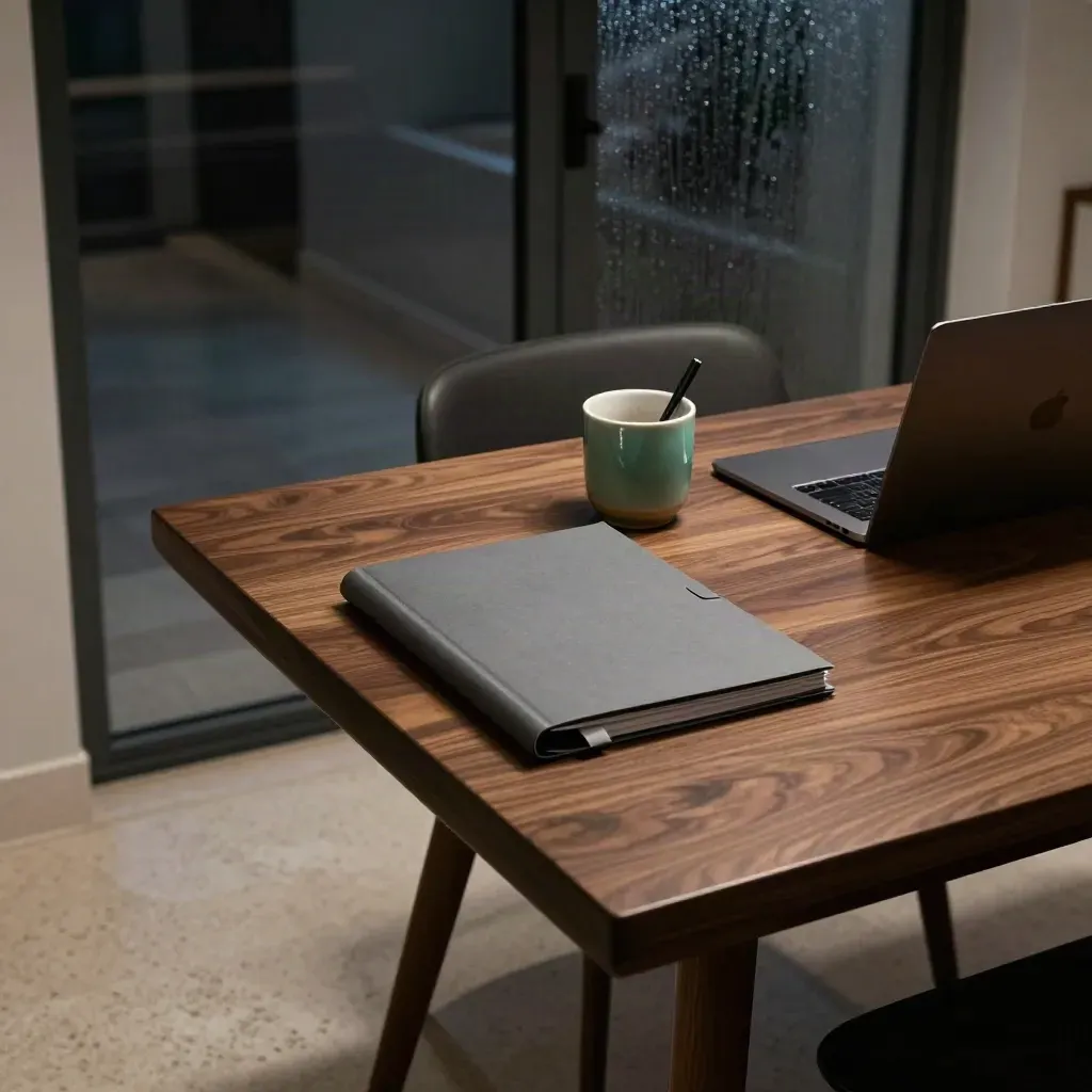 Late-night dining table with tax folder, mug, laptop lid and pen cup under cold window haze