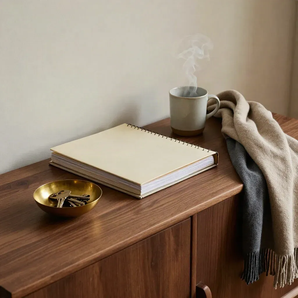 Sideboard with pension binder, steaming mug, keys and scarf in morning light.