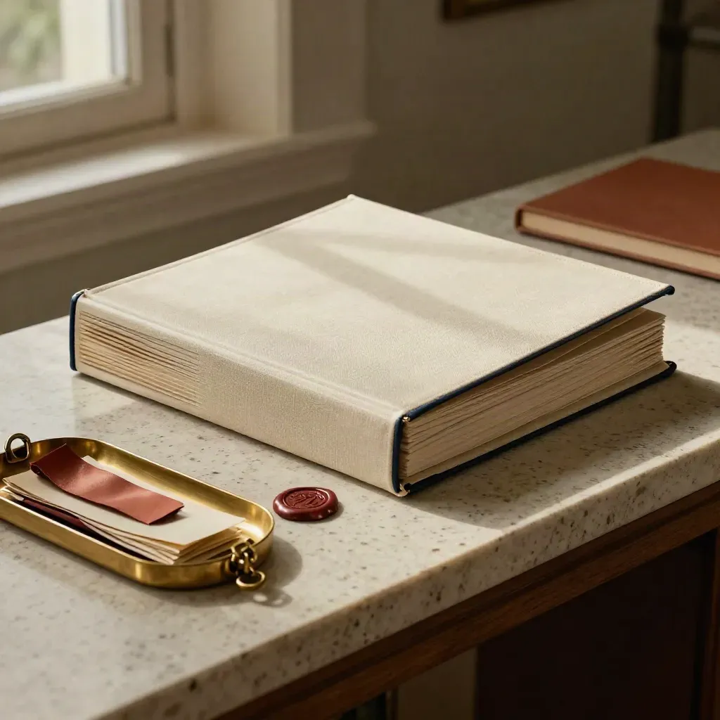 Cream estate binder, wax seal stamp, and brass tray on a travertine console.