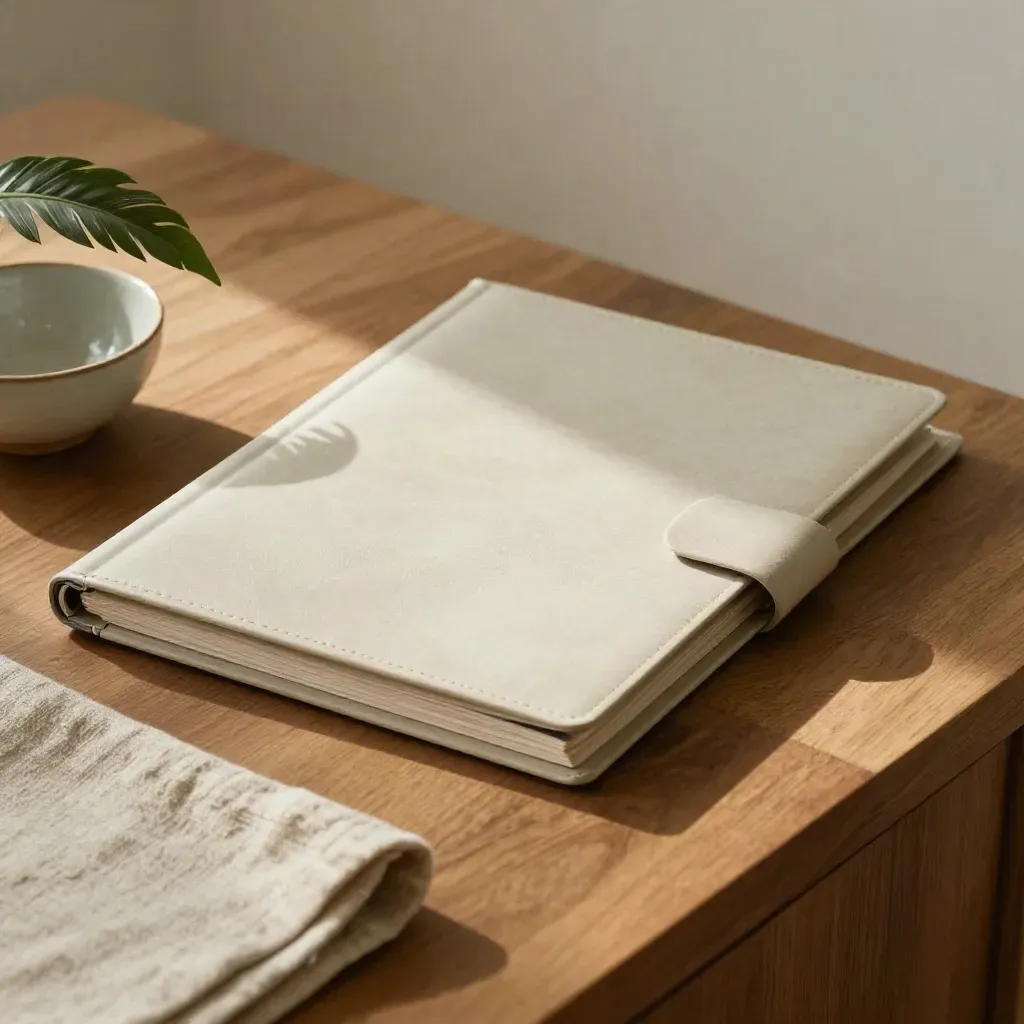 TFSA savings folder beside a ceramic bowl, houseplant leaf, and linen cloth on a warm desk