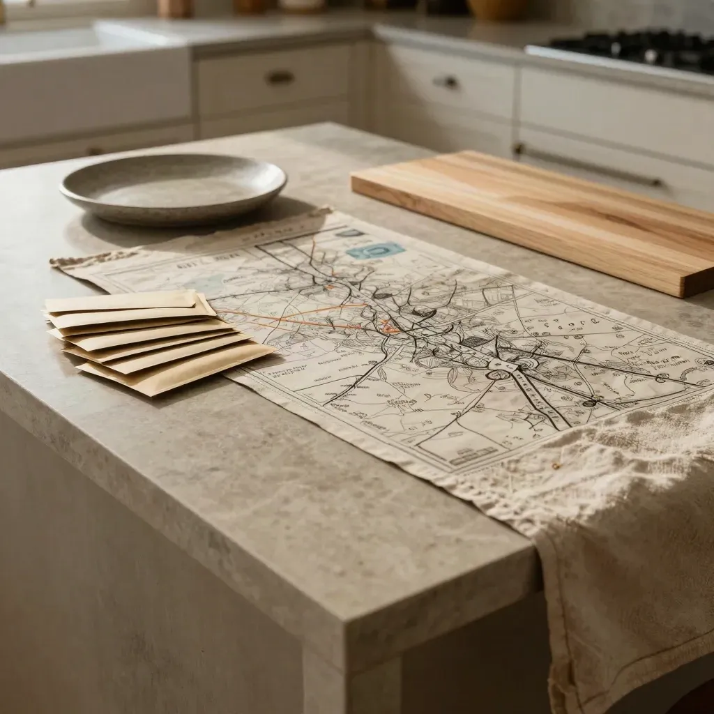 Overhead kitchen island with neutral envelopes, linen runner and tray in a family cash plan.