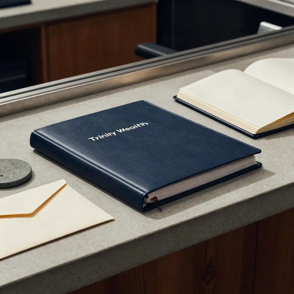Navy binder, envelopes, coaster and notebook on a concrete workbench in motion.