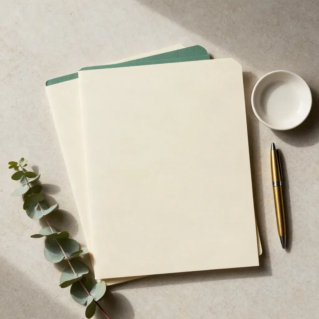 Ivory tax folder, brass pen, ceramic dish and eucalyptus on pale stone, top-down.