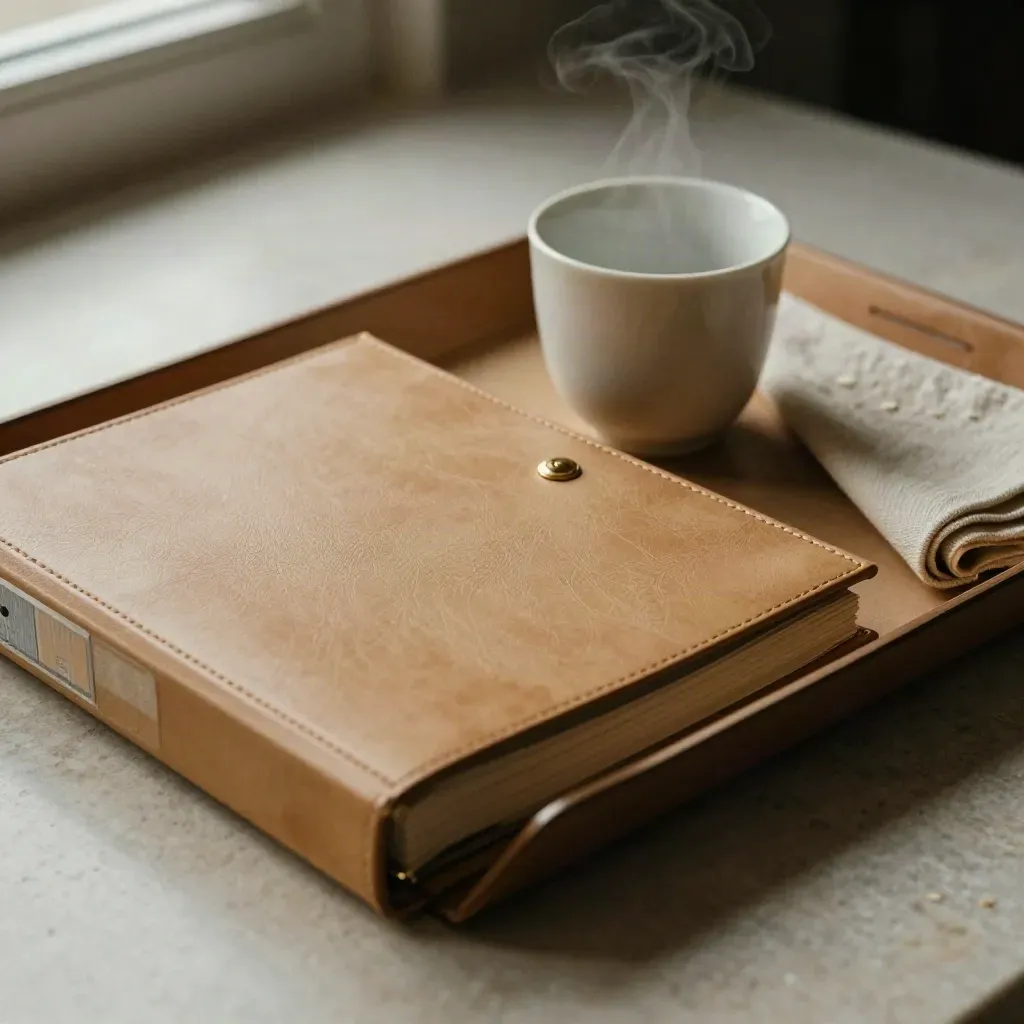 Leather tray with a closed binder, porcelain cup, and folded linen on pale stone in soft window light.