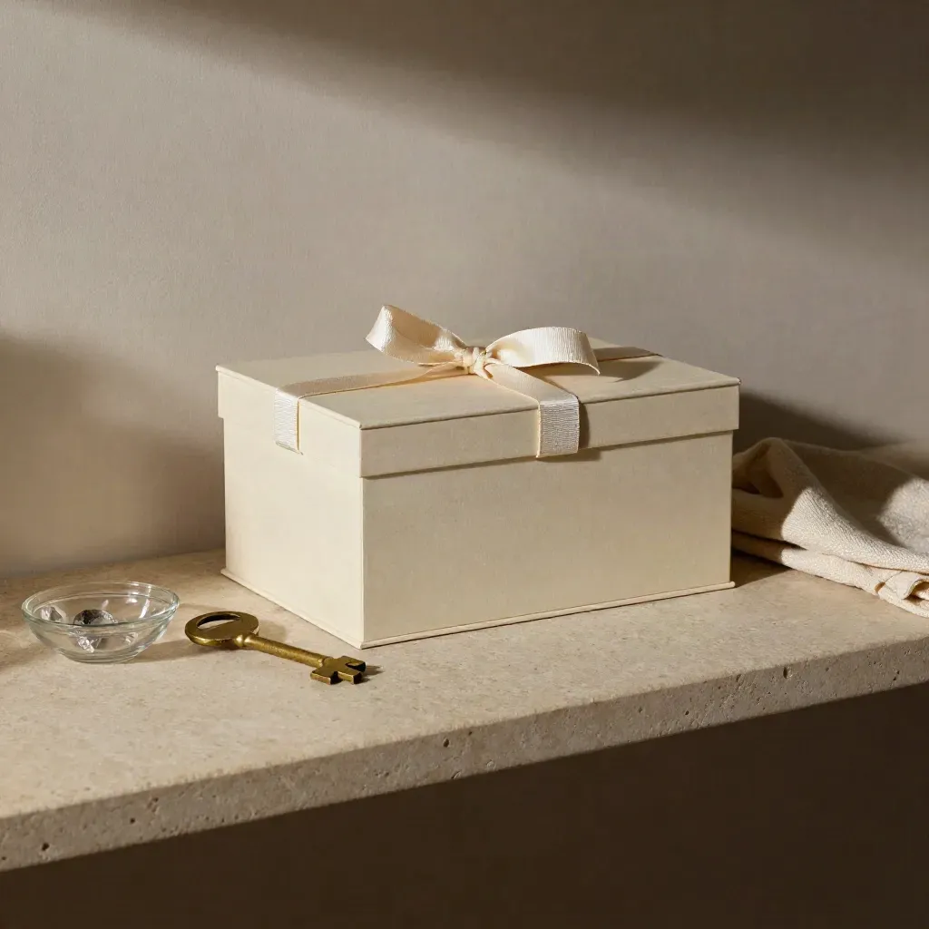 Cream archive box, brass key, and glass dish on a stone shelf with a folded cloth.