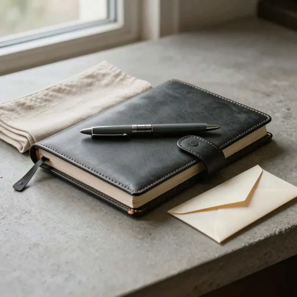 Ledger box and desk accessories for owner cash flow planning.