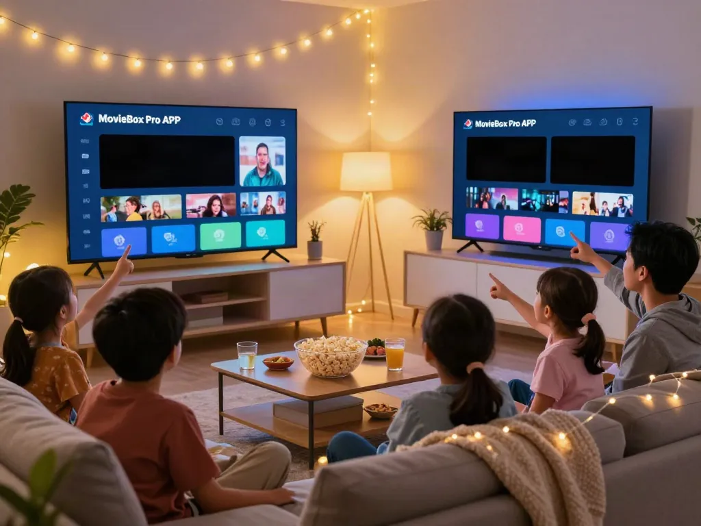 Family enjoying movie night with MovieBox Pro APK on TV, cozy living room atmosphere.