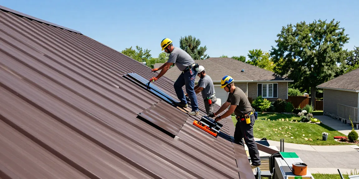 Professional roofing team from MRoof Canada installs a durable metal roof in a Toronto home, showcasing quality workmanship and community focus.
